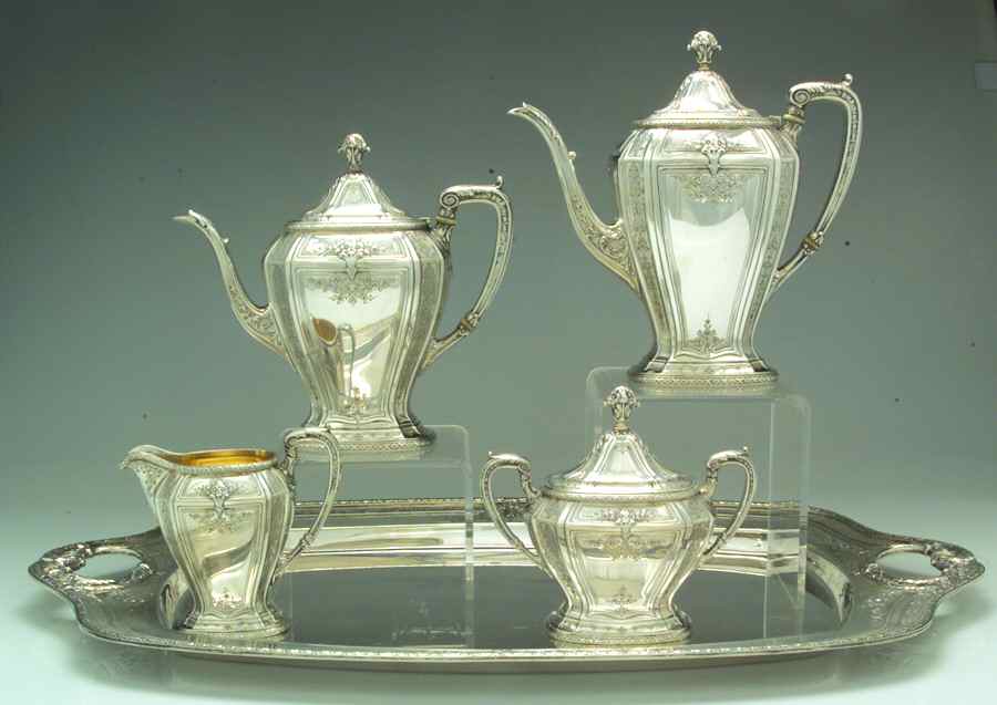 D'Orleans (Sterling, 1923, Hollowware) 5 Piece Tea Set (SCP, STP, SCR, SSU, WTL) by Towle Silver-1