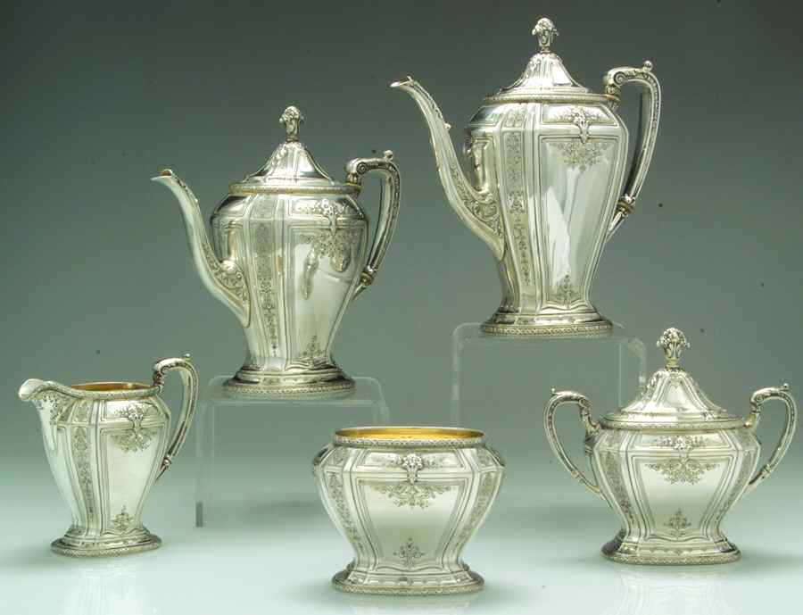 D'Orleans (Sterling, 1923, Hollowware) 5 Piece Tea Set (SCP, STP, SCR, SSU, SWB) by Towle Silver-1