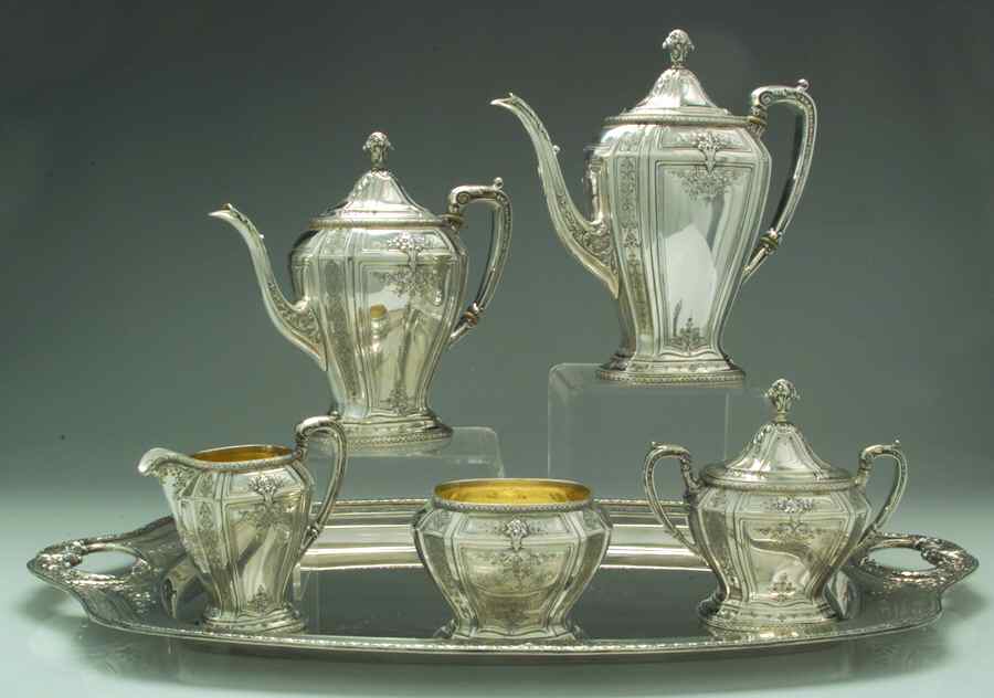 D'Orleans (Sterling, 1923, Hollowware) 6 Piece Tea Set (SCP, STP, SCR, SSU, SWB, WTL) by Towle Silver-1