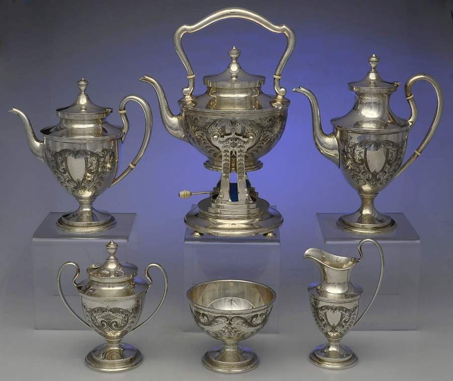 D'Orleans (Sterling, 1923, Hollowware) 6 Piece Tea Set (SCP, STP, SCR, SSU, SWB, SKES) by Towle Silver-1