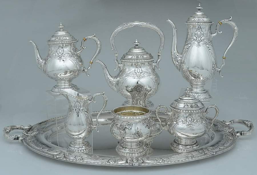 King Richard (Sterling, 1932, Hollowware) 7 Piece Tea Set (SCP, STP, SCR, SSU, SWB, SKES & WTL) by Towle Silver-1
