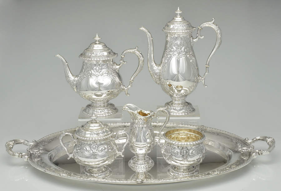 King Richard (Sterling, 1932, Hollowware) 6 Piece Tea Set (SCP, STP, SCR, SSU, SWB, WTL) by Towle Silver-1