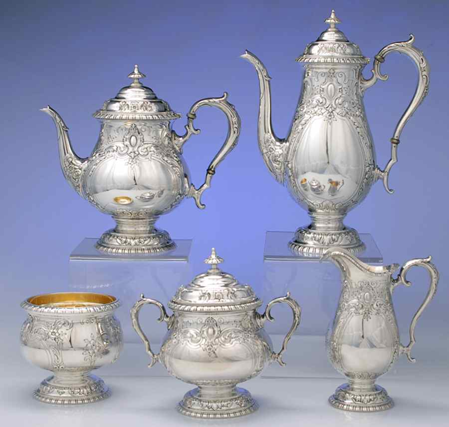 King Richard (Sterling, 1932, Hollowware) 5 Piece Tea Set (SCP, STP, SCR, SSU, SWB) by Towle Silver-1