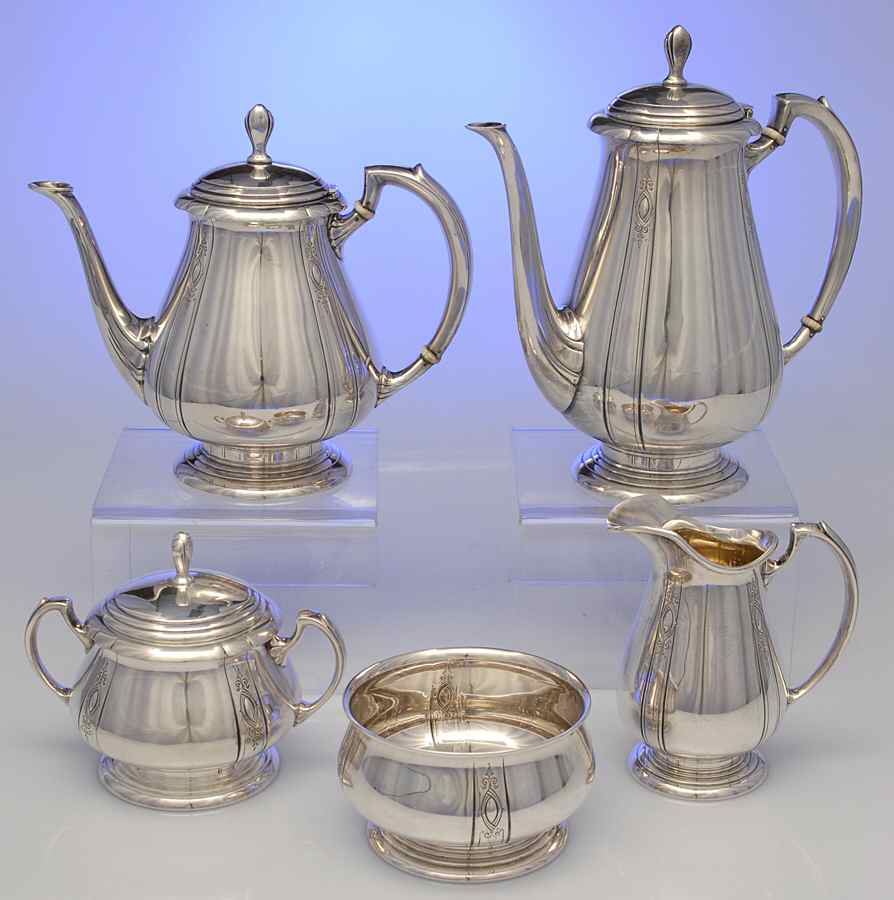 Lady Diana (Sterling, 1929, Hollowware) 5 Piece Tea Set (SCP, STP, SCR, SSU, SWB) by Towle Silver-1