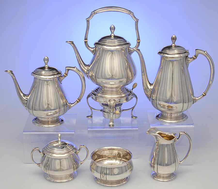 Lady Diana (Sterling, 1929, Hollowware) 6 Piece Tea Set (SCP, STP, SCR, SSU, SWB, SKES) by Towle Silver-1