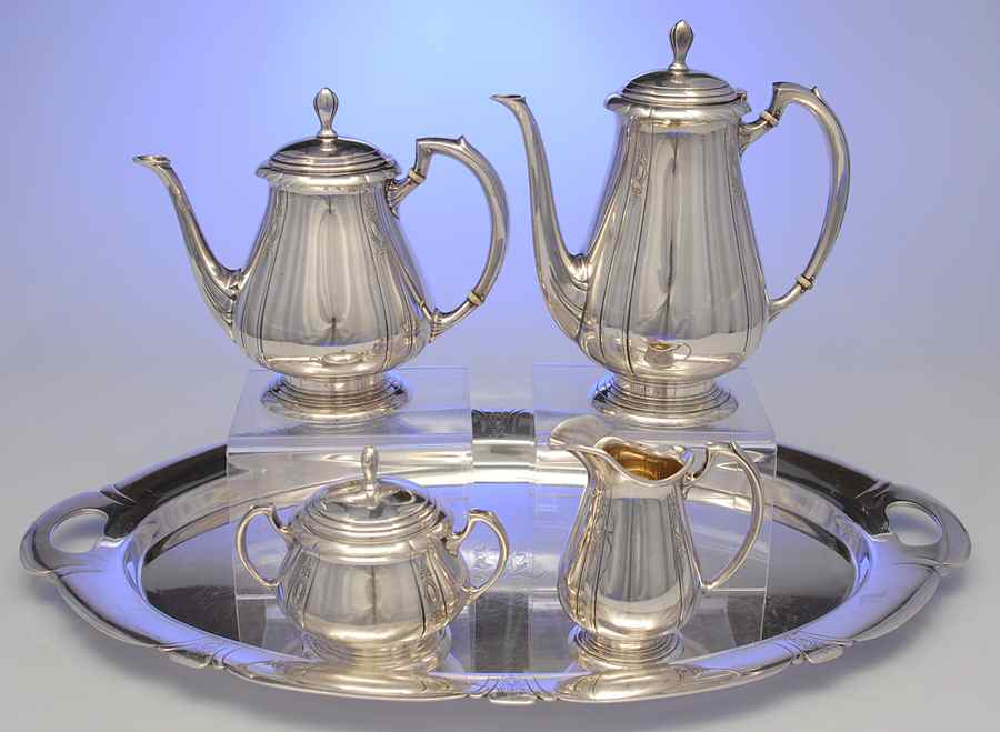 Lady Diana (Sterling, 1929, Hollowware) 5 Piece Tea Set (SCP, STP, SCR, SSU, WTL) by Towle Silver-1