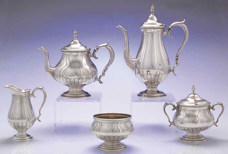 Symphony (Sterling, 1931, Hollowware) 5 Piece Tea Set (SCP, STP, SCR, SSU, SWB) by Towle Silver-1