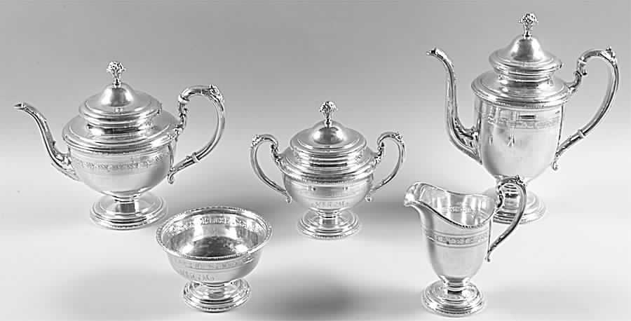 Virginia Carvel (Sterling, 1919, Hollowware) 5 Piece Tea Set (SCP, STP, SCR, SSU, SWB) by Towle Silver-1