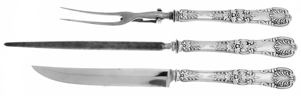 English King (Sterling, 1885, Monograms) Large 3-Piece Roast Carving Set w/ Stainless Blade by Tiffany & CO SILVER-1