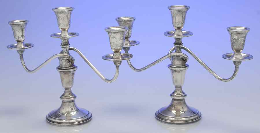 730 (Sterling, Hollowware) Pair of Weighted 3 Light Candelabra w/Drip Cups by Towle Silver-1