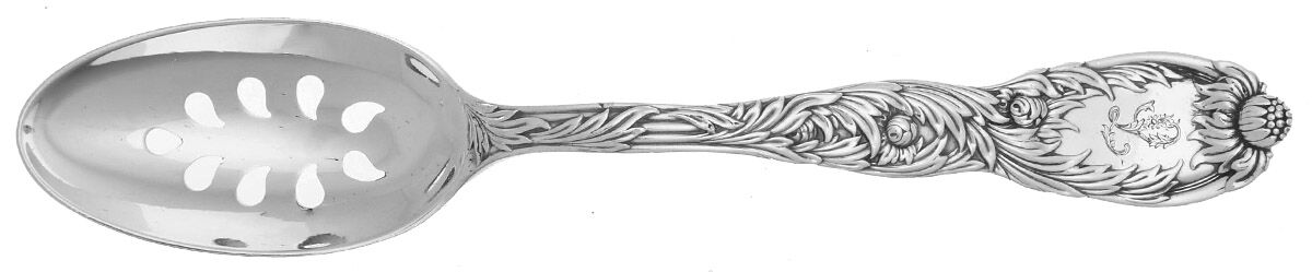 Chrysanthemum (Sterling, 1880, Monograms) Pierced Tablespoon (Serving Spoon) HC by Tiffany & CO SILVER-1