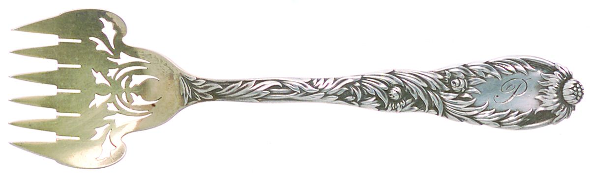Chrysanthemum (Sterling, 1880, Monograms) Large Solid Tined Sardine Serving Fork by Tiffany & CO SILVER-1