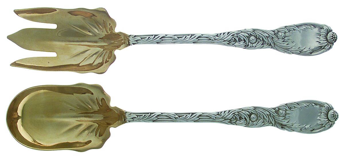 Chrysanthemum (Sterling, 1880, Monograms) (2 Pc) Solid Salad Set by Tiffany & CO SILVER-1