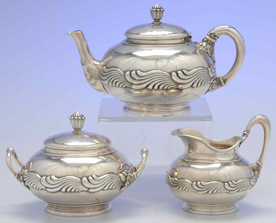 Wave Edge (Sterling, 1884, Waves, Hollowware) 3 Piece Tea Set (STP, SCR, SSU) by Tiffany & CO SILVER-1