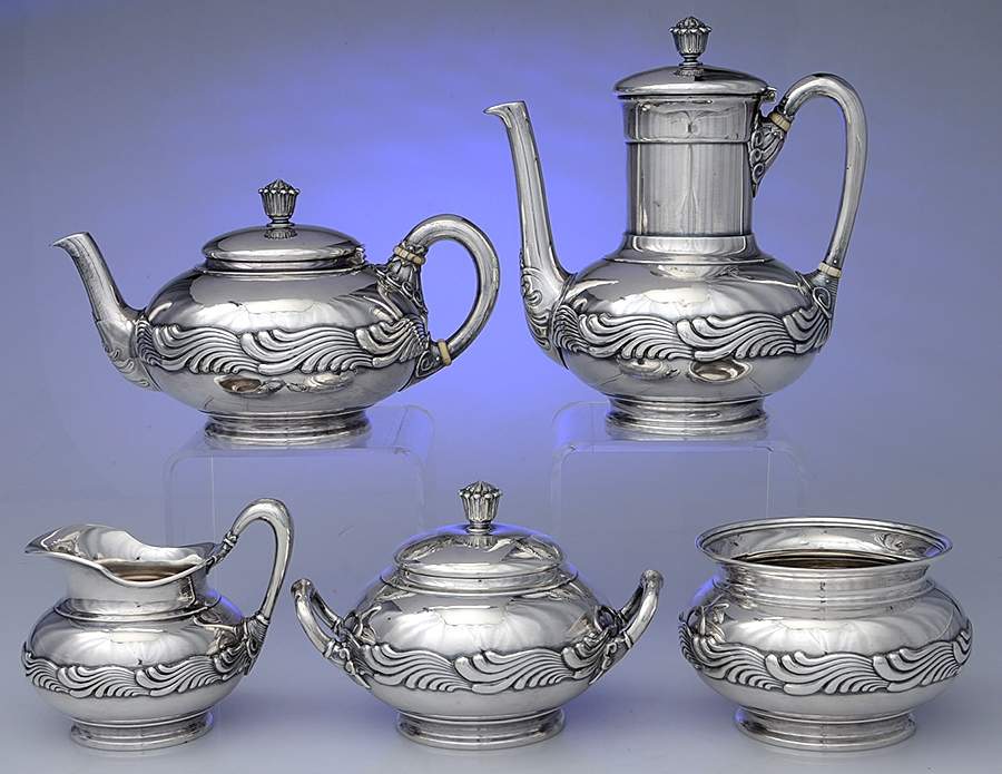 Wave Edge (Sterling, 1884, Waves, Hollowware) 5 Piece Tea Set (SCP1, STP1, SCR1, SSU1, SWB1) by Tiffany & CO SILVER-1