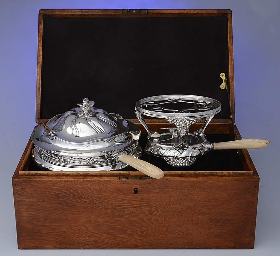 Wave Edge (Sterling, 1884, Waves, Hollowware) Chafing Dish & Lid, Liner, Stand, Burner & Case by Tiffany & CO SILVER-1