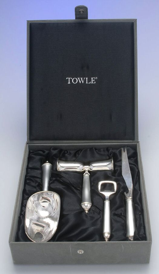 Copenhagen (Silverplate, 2000, Frosted Handle) (4 Piece) Bar Set (ICSCV,JIGDS,BOV & BARK) w/Case by Towle Silver-1