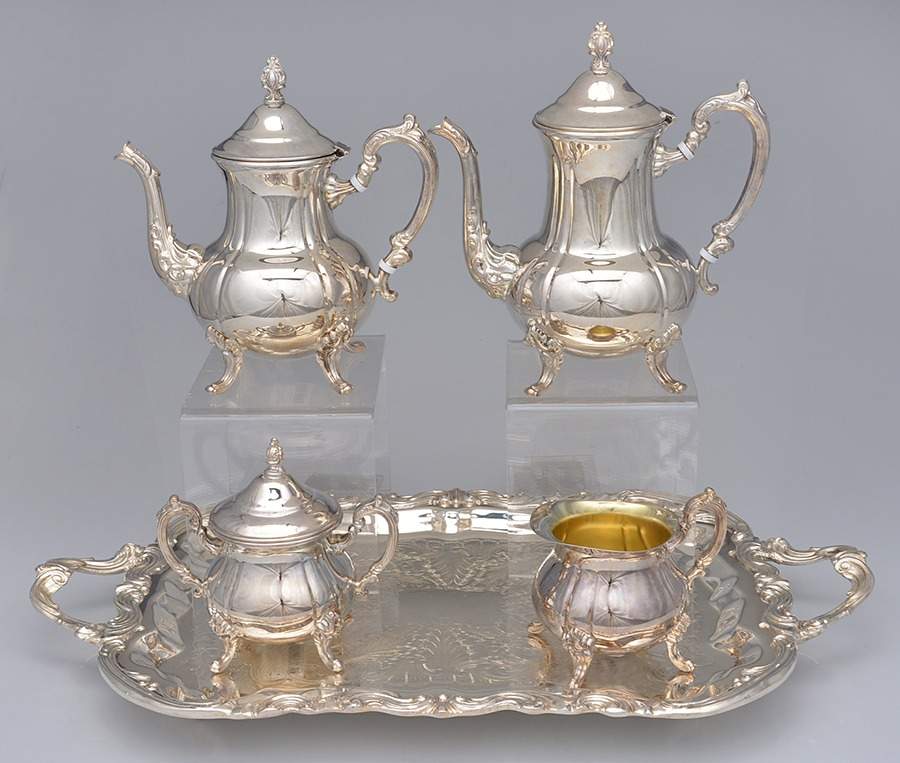 TWS305 (SILVERPLATE, HOLLOWWARE) 5-Piece Silverplate Tea Set (with Tray) by Towle Silver-1