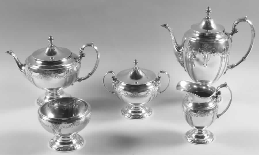 Candlelight-Chased (Sterling, Hollowware) 5 Piece Tea Set (SCP, STP, SCR, SSU, SWB) by Towle Silver-1