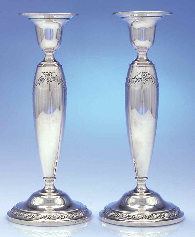 Candlelight-Chased (Sterling, Hollowware) Pair of 10" Weighted Candlesticks by Towle Silver-1