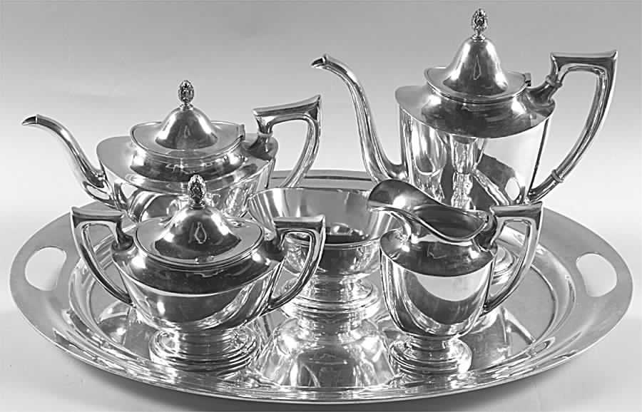 Lafayette (Sterling, Hollowware, 7680) 6 Piece Tea Set (SCP, STP, SCR, SSU, SWB, WTL) by Towle Silver-1