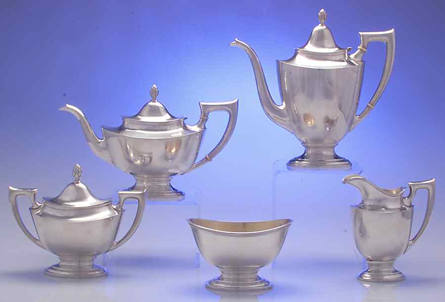 Lafayette (Sterling, Hollowware, 7680) 5 Piece Tea Set (SCP, STP, SCR, SSU, SWB) by Towle Silver-1