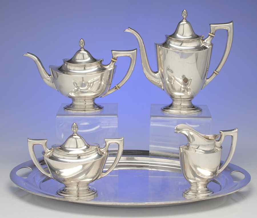 Lafayette (Sterling, Hollowware, 7680) 4 Piece Tea Set (SCP, STP, SCR, SSU) by Towle Silver-1
