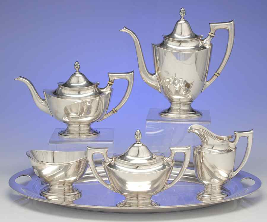 Lafayette (Sterling, Hollowware, 7680) 5 Piece Tea Set (SCP, STP, SCR, SSU, WTL) by Towle Silver-1