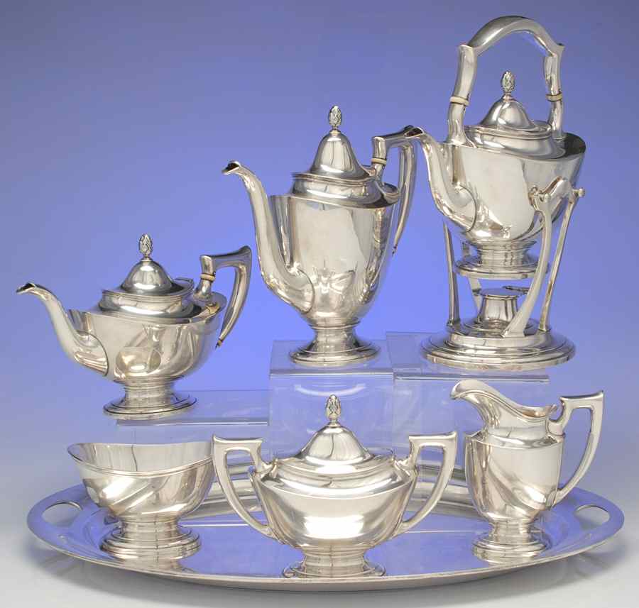 Lafayette (Sterling, Hollowware, 7680) 7 Piece Tea Set (SCP, STP, SCR, SSU, SWB, SKES & WTL) by Towle Silver-1