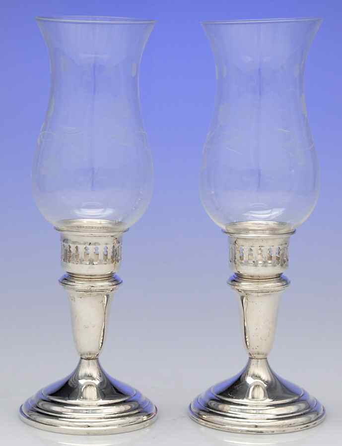 49 (Sterling, Hollowware) Pair of Weighted Hurricane Lamp & Globe by Towle Silver-1