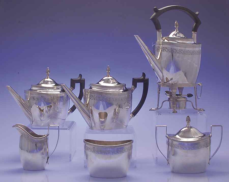 1799 (Sterling, Hollowware) 6 Piece Tea Set (SCP, STP, SCR, SSU, SWB, SKES) by Tuttle-1