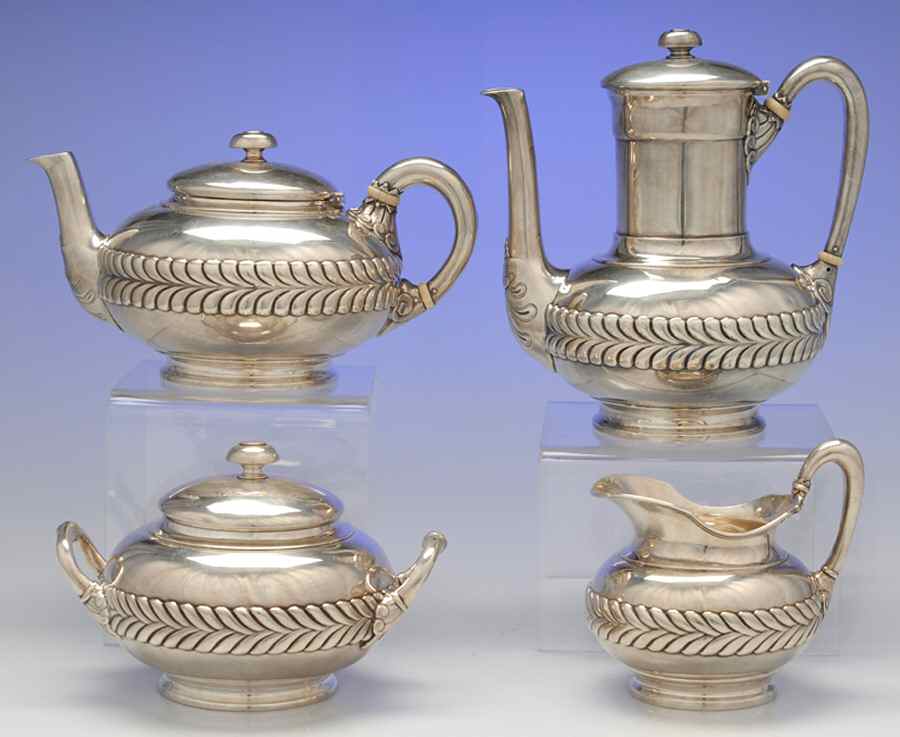 Wave Edge (Sterling, 1884, Laurel, Hollowware) 4 Piece Tea Set (CP1, TP1, CR1, SU1) by Tiffany & CO SILVER-1