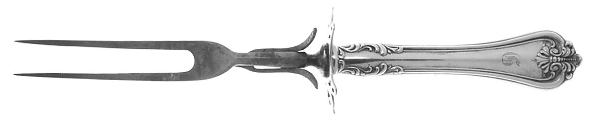 Richmond (Sterling, 1901, Monograms) Lg Carving/Roast Fork-Stn Prong w/Sterling Guard by Towle Silver-1
