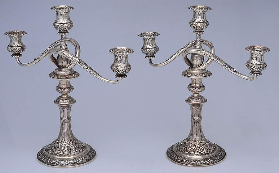 Repousse (Sterling, Hollowware) Pair of 14" 3 Light Candelabra by Tiffany & CO SILVER-1
