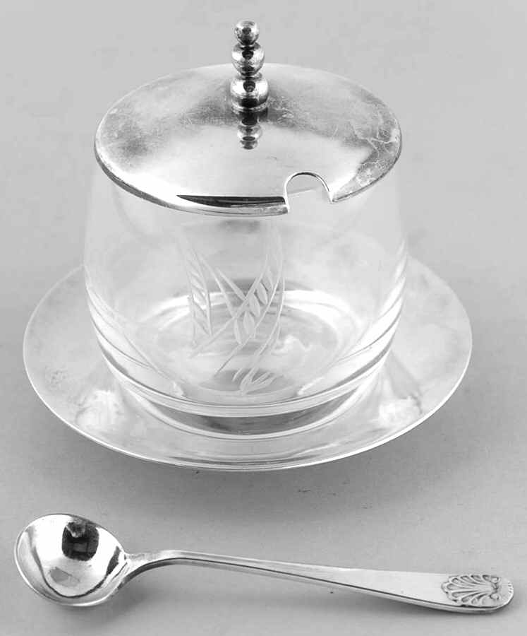 503 (Sterling Hollowware) Crystal Jam Jar with Silver Lid, Underplate & Spoon by Totten & Sommer Co.-1
