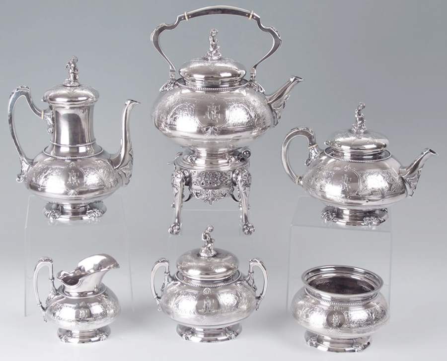 Antique Ivy (Sterling, Hollowware) 6 Piece Tea Set (SCP, STP, SCR, SSU, SWB, SKES) by Tiffany & CO SILVER-1