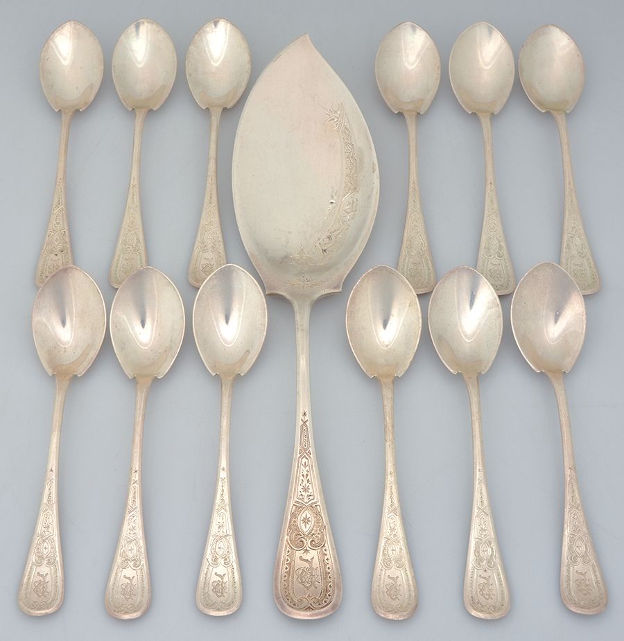 King William-Engraved (Sterling) 13 Pc Bright Cut Ice Cream Set (ICSVBC+12ICSP) by Tiffany & CO SILVER-1