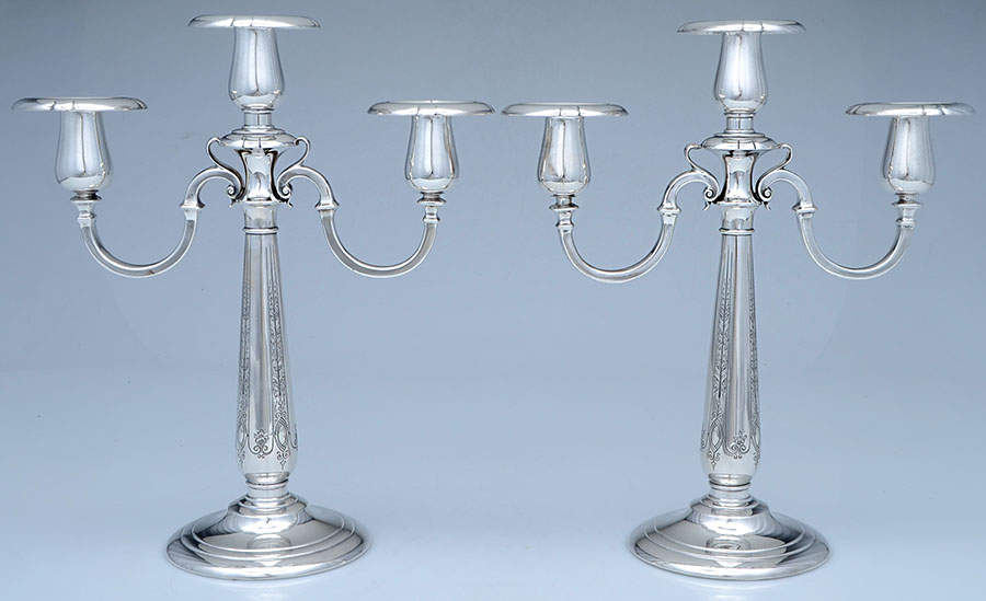 Chased Diana (Sterling, Hollowware) Pair of 11" Weighted 3 Light Candelabra by Towle Silver-1