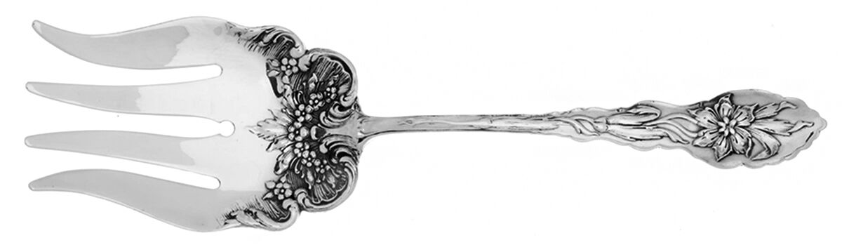 Narcissus (Sterling, 1890, No Monograms) Large Solid Fish Serving Fork by Unger Brothers-1