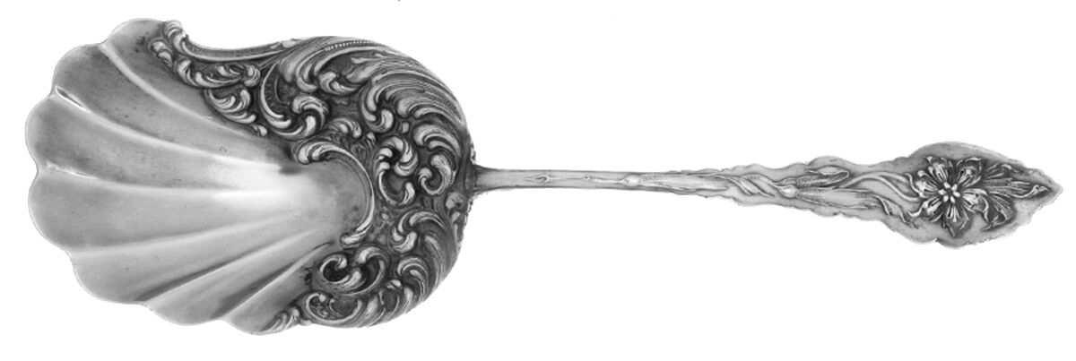 Narcissus (Sterling, 1890, No Monograms) Casserole Berry Spoon with Asymetric Bowl by Unger Brothers-1