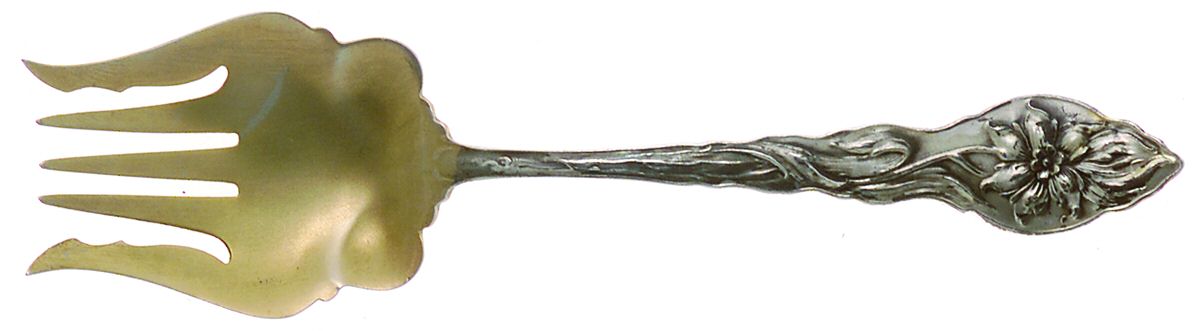 Narcissus (Sterling, 1890, No Monograms) Small Solid Tined Sardine Serving Fork by Unger Brothers-1