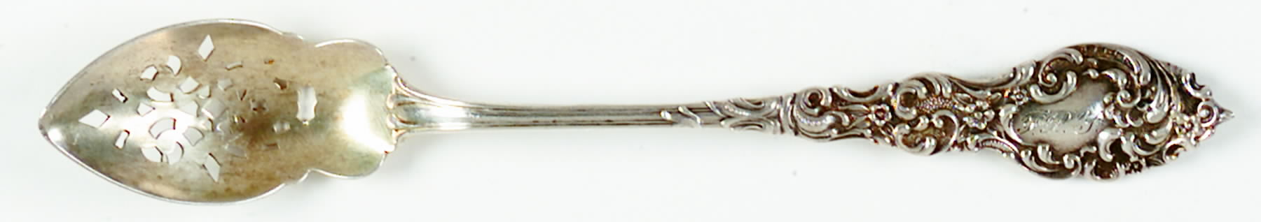 Passaic (Sterling, 1900) Pierced Bowl Short Handle Olive Spoon by Unger Brothers-1