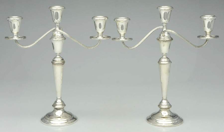 Sterling Hollowware Pair of Weighted 3 Light Candelabra by Unknown Manufacturer-1
