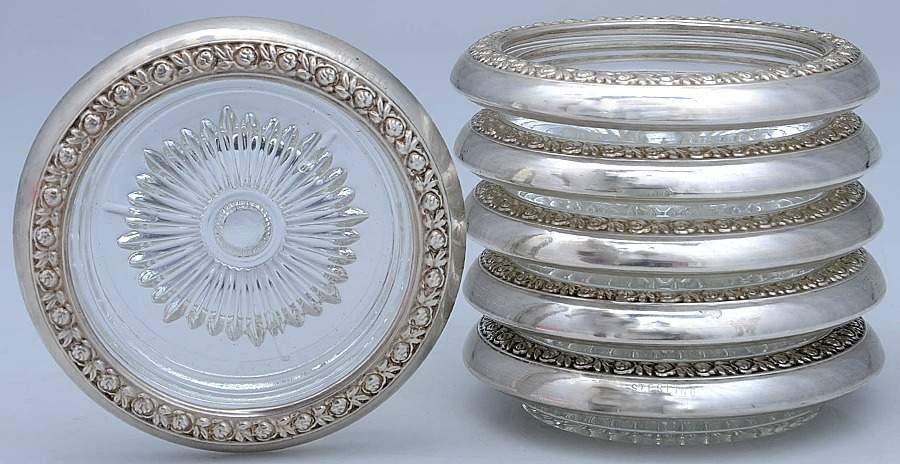 Sterling Hollowware Crystal Coaster with Sterling Rim - Set of 6 by Unknown Manufacturer-1