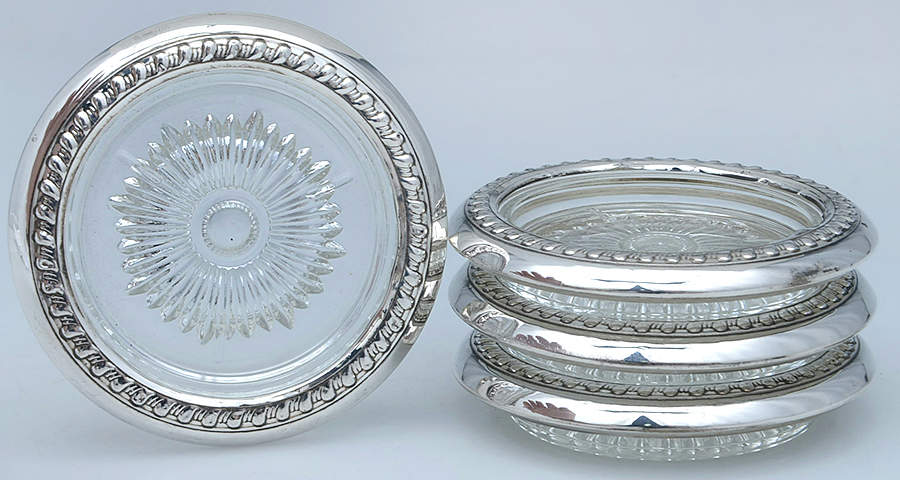 Sterling Hollowware Crystal Coaster with Sterling Rim - Set of 4 Motif 1 by Unknown Manufacturer-1