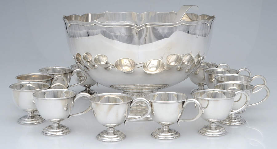 Sterling Hollowware (14 Pc) Punch Set (Bowl, Ladle & 12 Cups) by Unknown Manufacturer-1