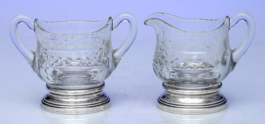 Sterling Hollowware Mini Crystal Creamer & Open Sugar with Sterling Trim by Unknown Manufacturer-1