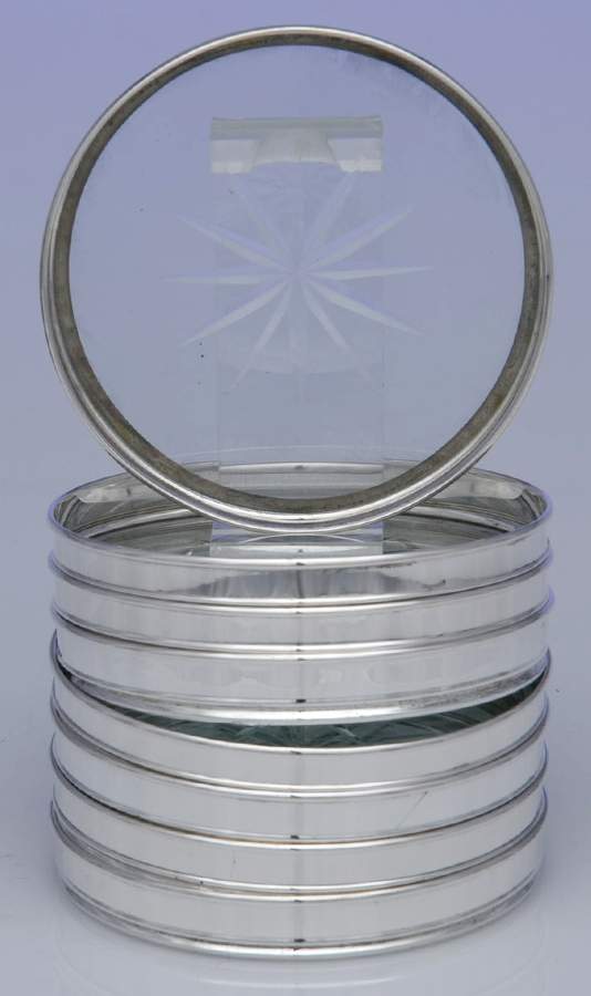 Sterling Hollowware Crystal Coaster with Sterling Rim - Set of 8 by Unknown Manufacturer-1