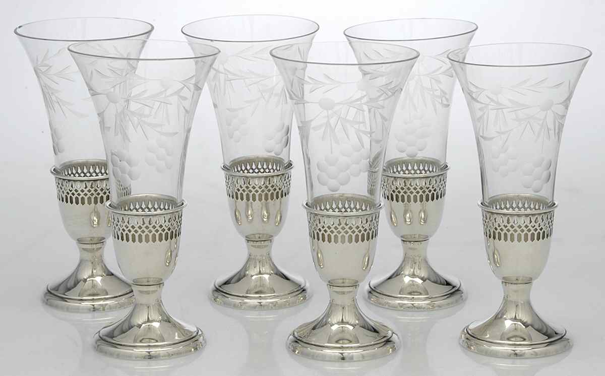 Sterling Hollowware Set/6 Sterling Base Champagne Flute,Crystal Insert by Unknown Manufacturer-1