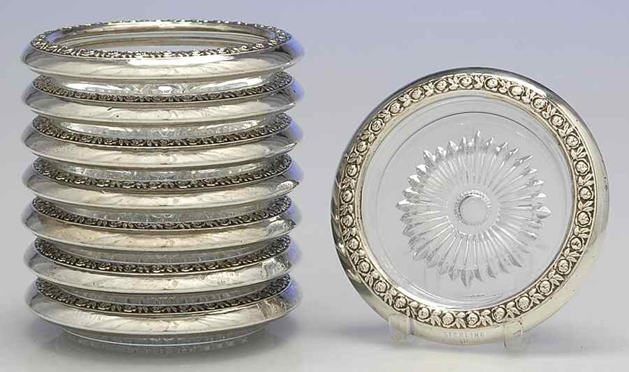 Sterling Hollowware Crystal Coaster with Sterling Rim - Set of 8 by Unknown Manufacturer-1